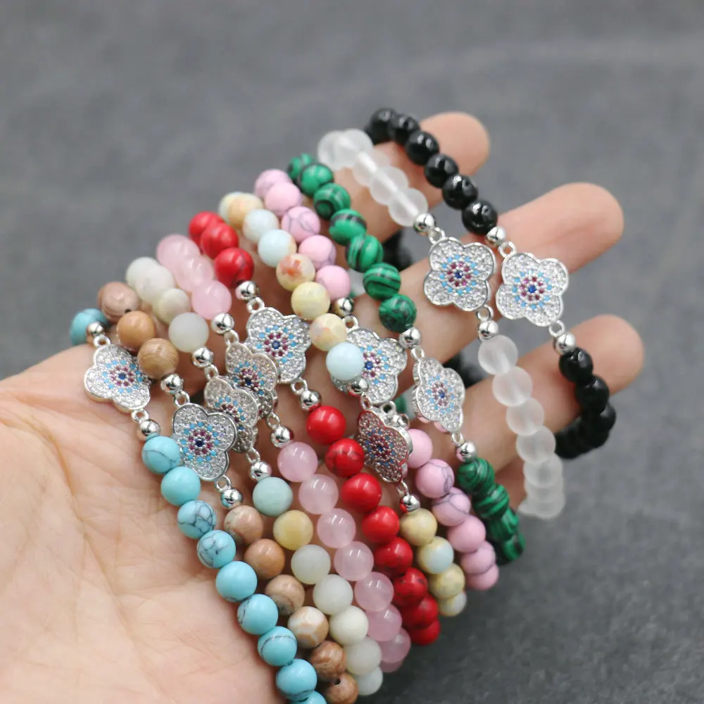 Женский браслет серебряного цвета с четырьмя листьями клевера 6 мм бусины из