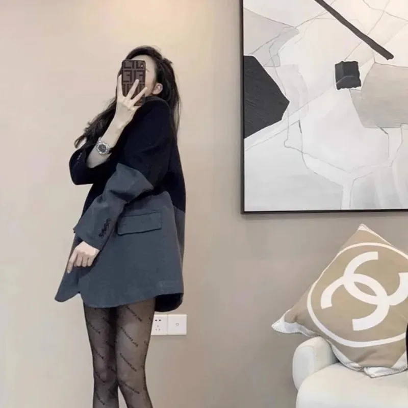 łniana marynarka damska wiosenna biurowa prosta na wszystkie mecze osobowość atrakcyjna luźna patchworkowa w stylu koreańskim z temperamentem