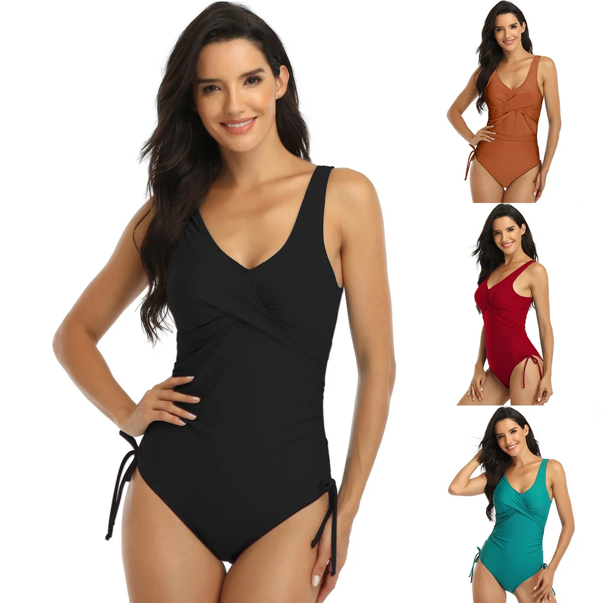 One Piece Swimsuit  Bodysuit  Beach Female Swimwear Solid Bikini Beachwear  Front Cross Drawstring Women Bathing Suit