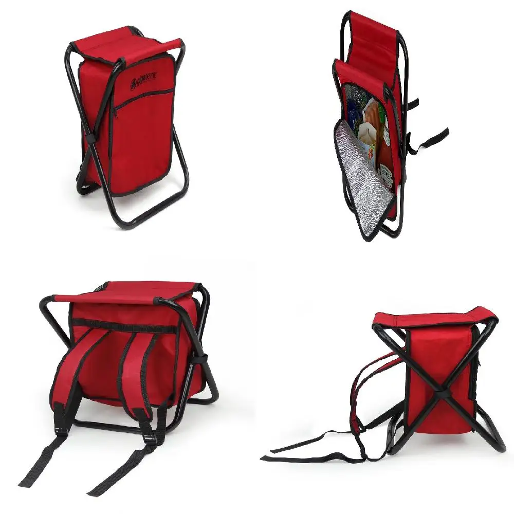 

Cool and Stylish Folding Collapsible Backpack with Padded Shoulder Straps, Insulated Ice Bag and Comfortable Camping Stool.