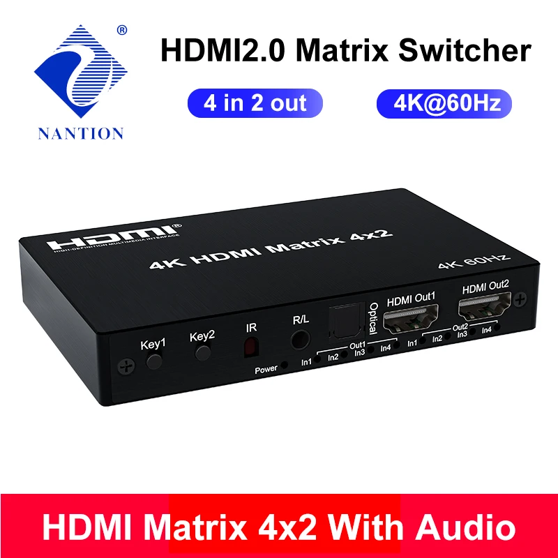 4K 60 Гц HDMI2.0 матрица 4x2 HDMI с Toslink аудио экстрактор сплиттер переключатель 4 в 2 выход
