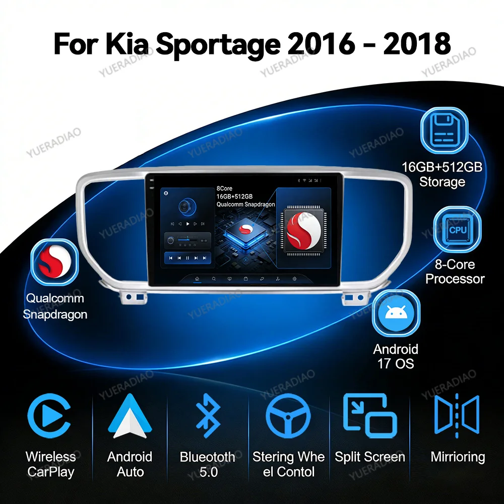 Фото Автомагнитола Android 17 для KIA Sportage 4 KX5 2016 2017 2018 с Carplay, Auto, Qualcomm, Double Din, BT, Mirror Link, DVD, GPS, NAVI, SWC, 2DIN №1