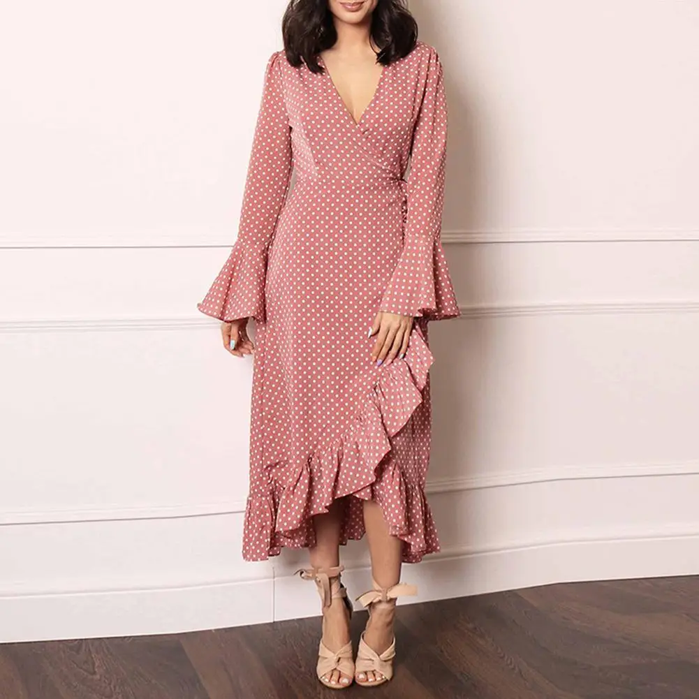 

Женское шифоновое платье с V-образным вырезом и длинным рукавом