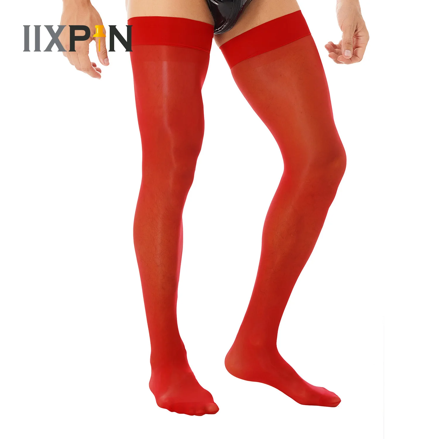 Men Glossy See-through Stockings Thin Shiny Solid Color Stretchy Sheer Thigh High Socks Sissy Fishnet Hollow Out Mesh Hosiery