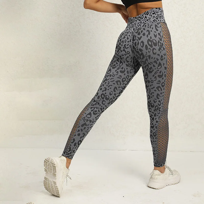 Leopard Sports Hollow Yoga Pants Women's High Waist Hip Lift Slim Running Fitness Leggings Pants  Leggings Women
