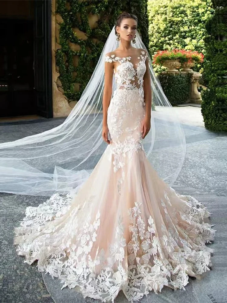 

Sexy Mermaid Wedding Dress Off Shoulder Sweetheart Backless Bride Long Gown Lace Applique Tulle Sweep Train Robe De mariée