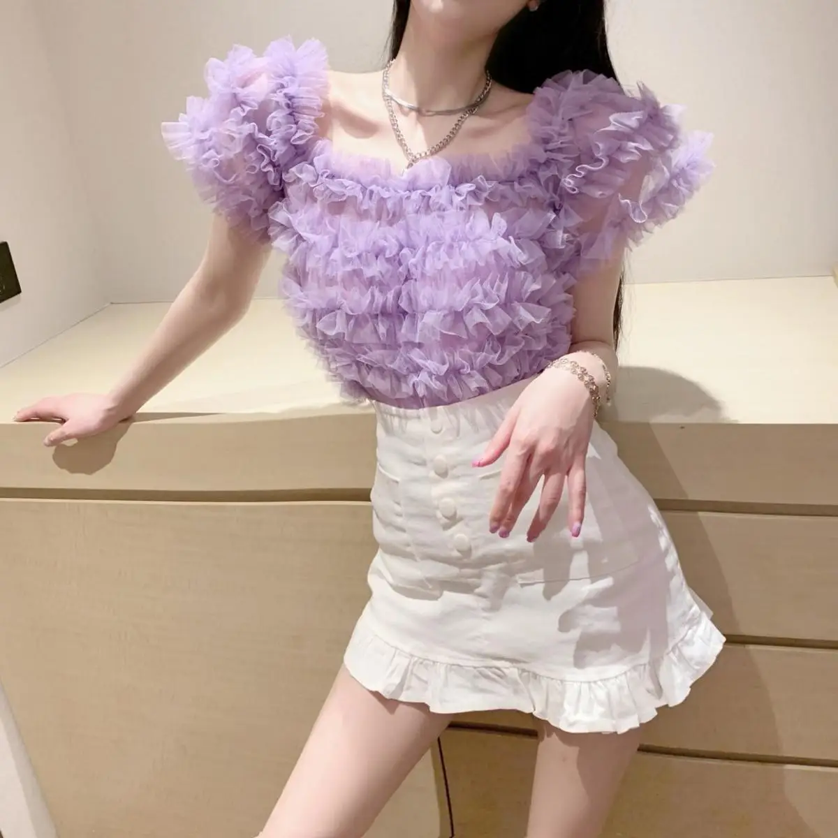 2022 super  sweet and sexy one-shoulder top fungus edge mesh lace shirt  korean  streetwear  Tees  Regular  Casual