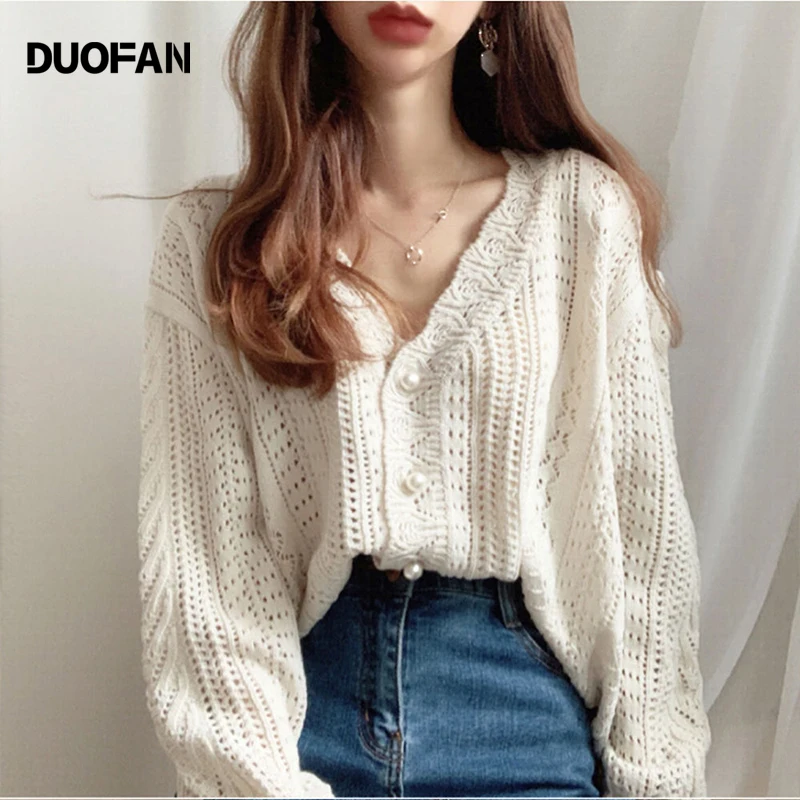 

DUOFAN Cardigan Women Elegant Spring Autumn Hollow Out Long Sleeve Loose V-neck Ins Sweater Vintage Outerwear Korean Fashion Top