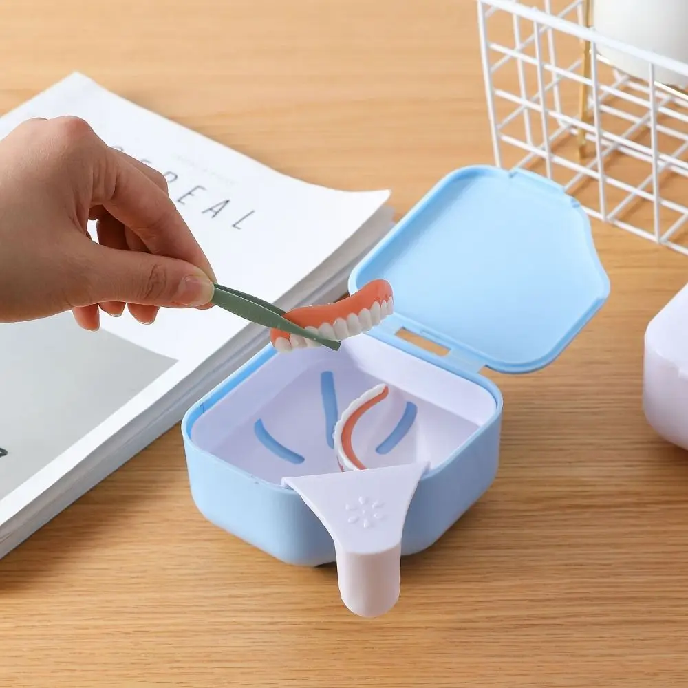 

Portable Denture Bath Box Waterproof Durable Dental False Teeth Storage Box Drainable Multifunction Cleaning Teeth Case Men