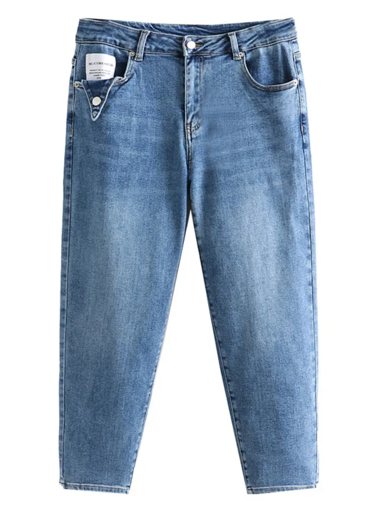 

Женская одежда, джинсы больших размеров, весна 2022, модные эластичные джинсовые шаровары с высокой талией, Короткие повседневные брюки с ярл...