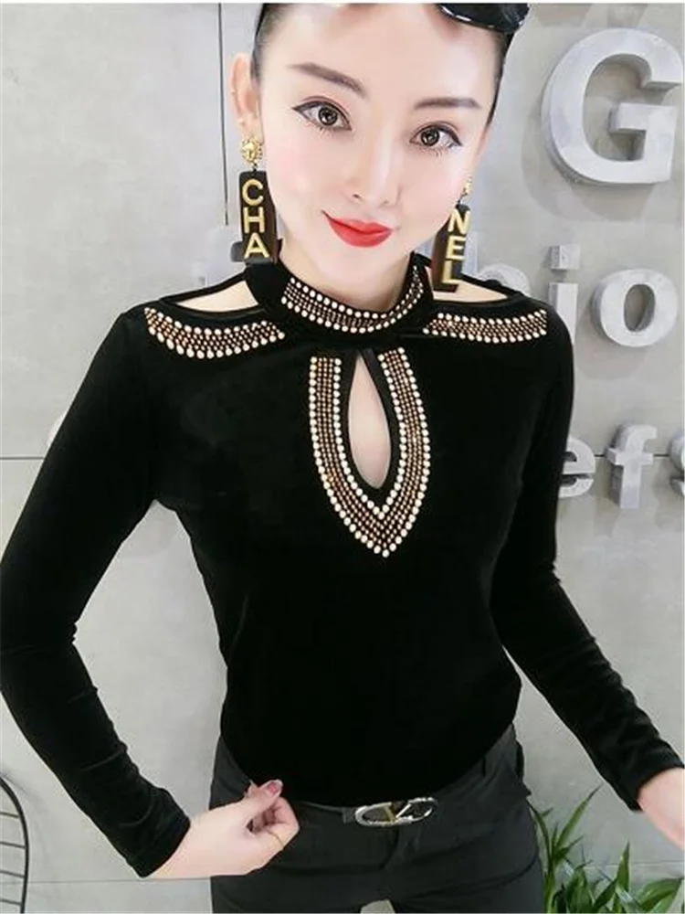 

New Gold Velvet T-shirt Women Tees Sexy Off-shoulder Bottoming Top Long Sleeve Ladies Clothes Diamond Jumpper Top Female Tees