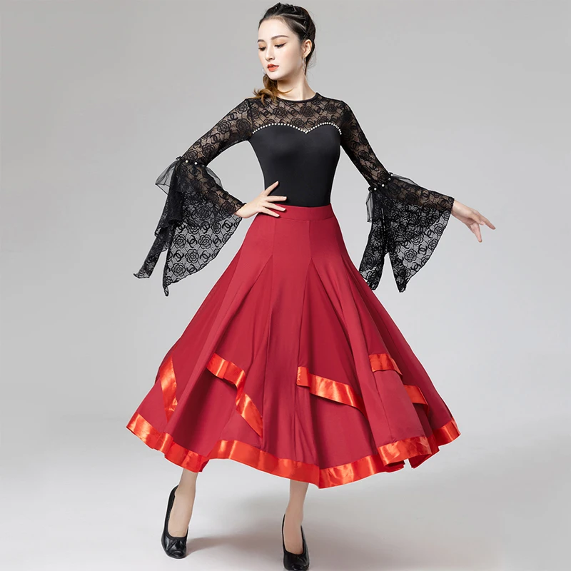 

Modern Ballroom Dance Competition Dress For Women Adult Lace Long Sleeve Tops Big Swing Skirt Waltz Latin Tango Clothes DQL7655