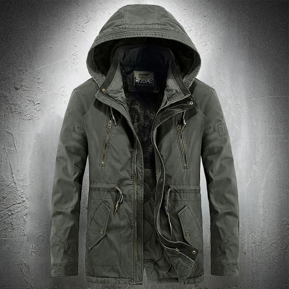 

Autumn Winter Military Jacket Men Hooded Parka Fleece Lined Thicken Warm Coat Men Outdoor Jacket Detachable Hood Casaul Coat