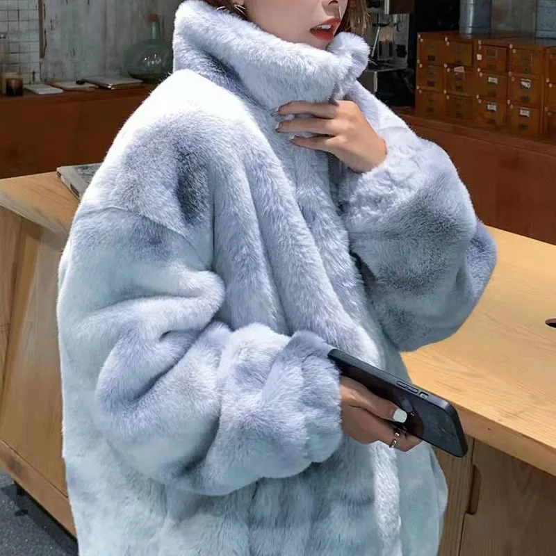 Fashion Tie-dye Lamb Wool Jacket 2022 Korean Version Loose Temperament All-match Medium And Long  Faux Fur Plush Coat