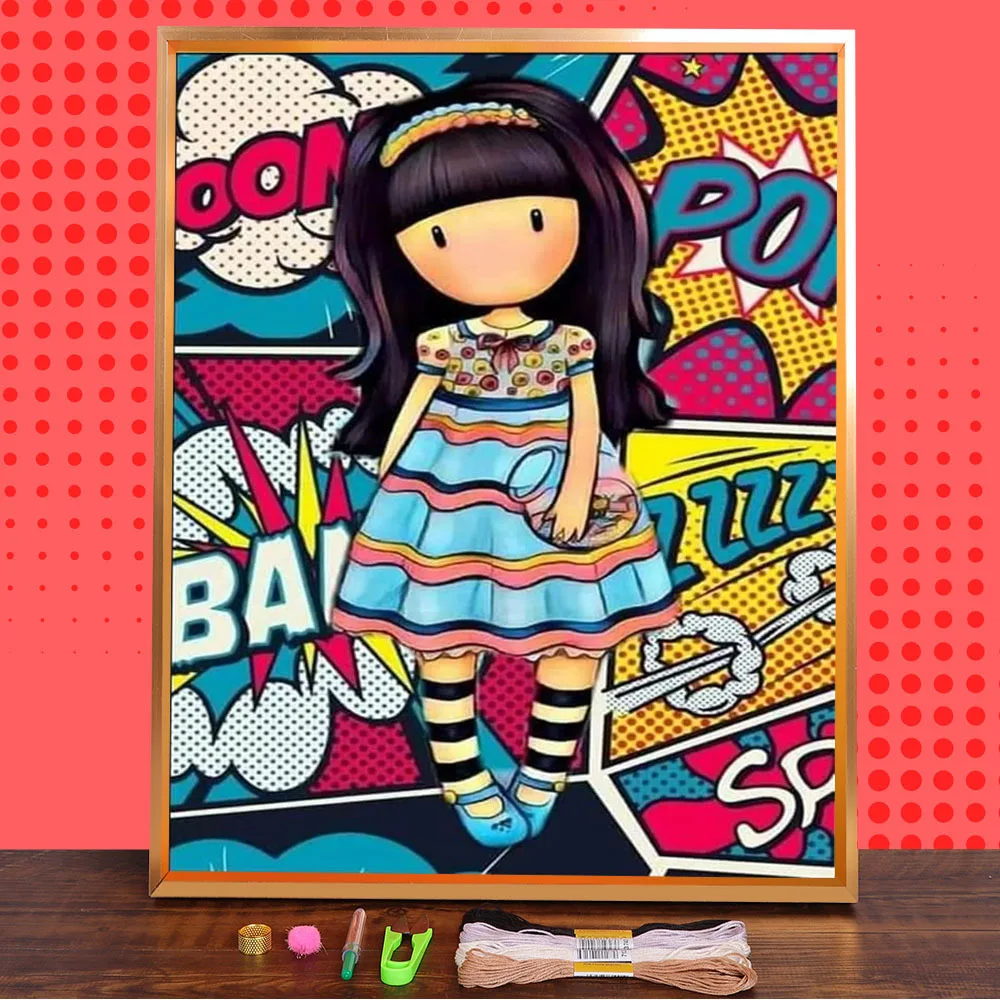 

Набор для вышивки крестиком 11CT, водорастворимый холст с мультипликационным принтом девушки, Набор для вышивания DMC ниток, картина, шитье руч...