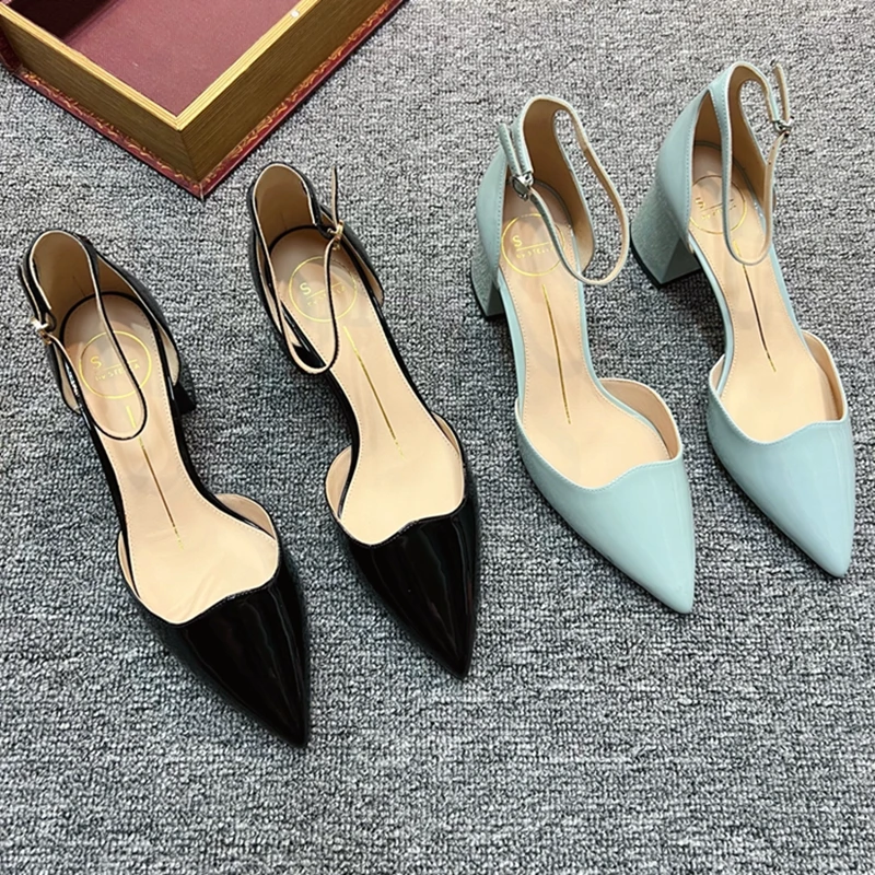 

Casual Heels Shoes Sexy Pump Pointed Wedge Chunky Sandals Basketball Platform Patent Leather Footwear Hollow Sweet All-Match Com