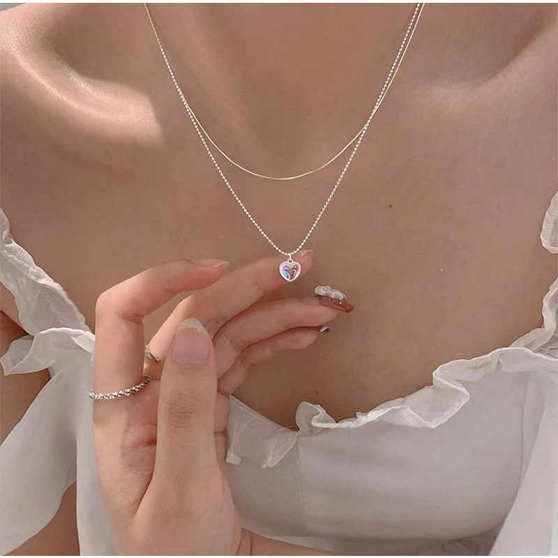 

Kpop Heart Necklace French Lucky Bean Love Clavicle Chain Korean Simple Female double layer Necklace Female Pendant for Women