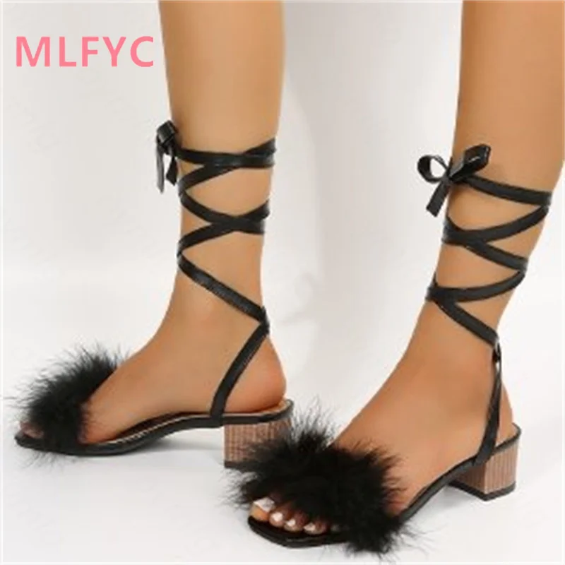 

Hairy plus size sandals women's 2022 spring and summer new popular feather square head strap mid-heel women's shoes