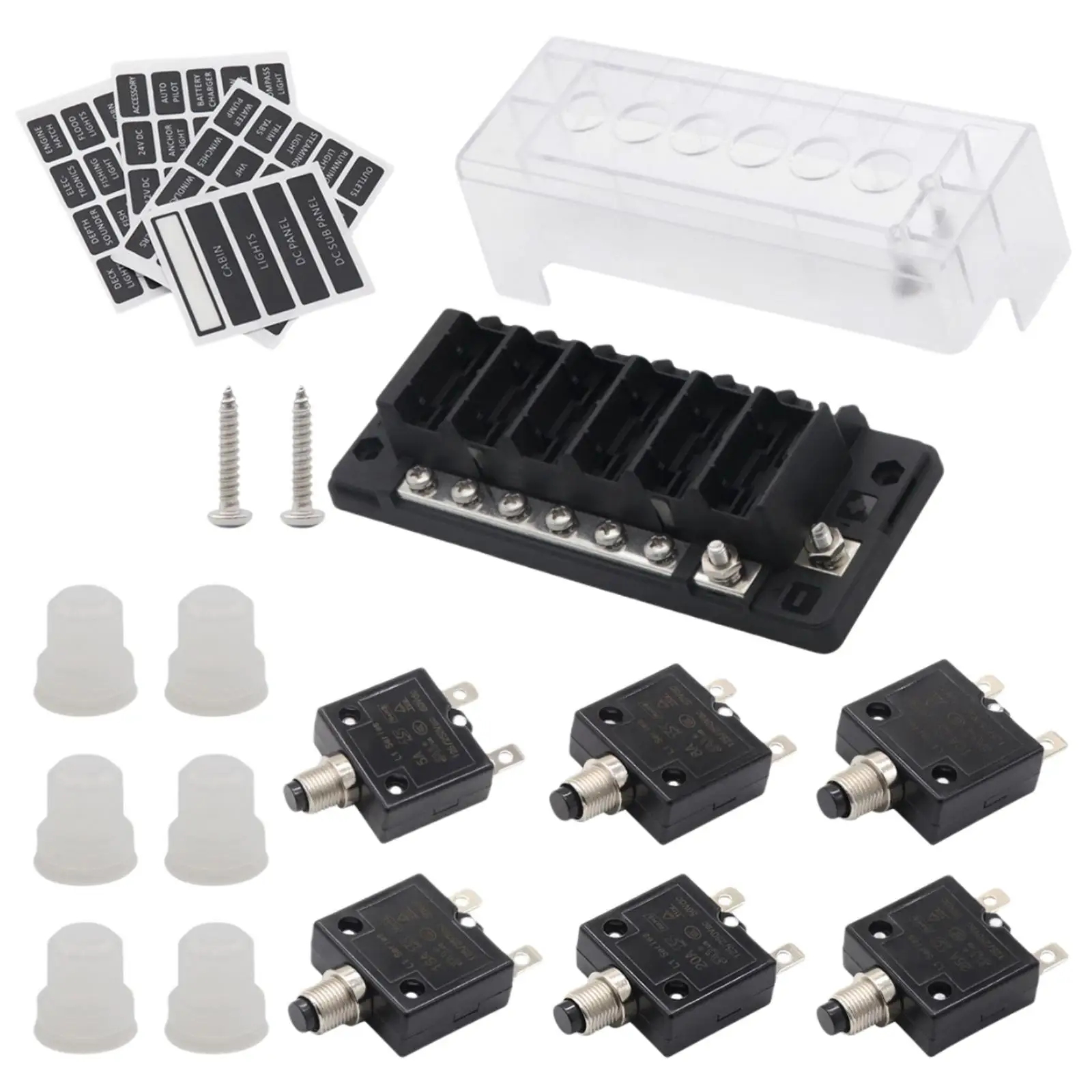 

Circuit Breaker Block with 6 Transparent Waterproof Caps 6 Position with 4 Stickers with Overload Box ATV Boat RV Car