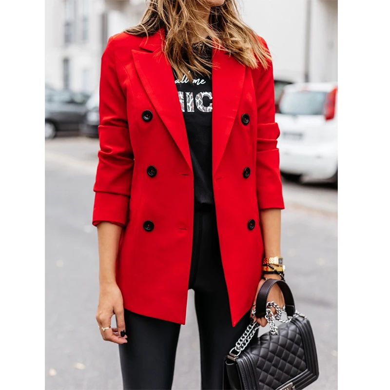 Solid Jackets Black Lapel Long Sleeves Button Office Lady Khaki Business Suits Blazer Spring Women Double Breasted Blazer Coats