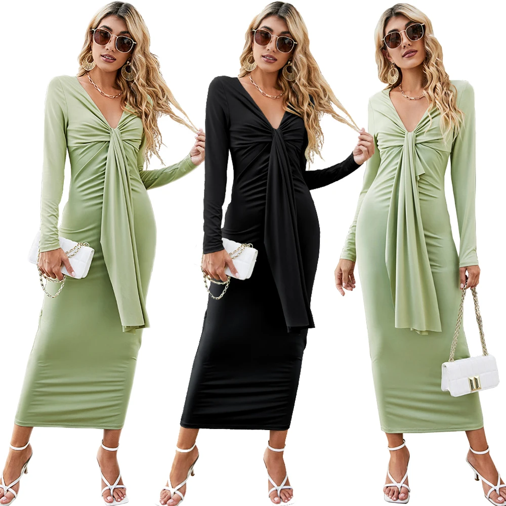 

Fashion New Popular Solid Bandage Bodycon Dress for Women Birthday Clothing Fall Sexy Full Sleeve V-neck Club Party Long Dresses