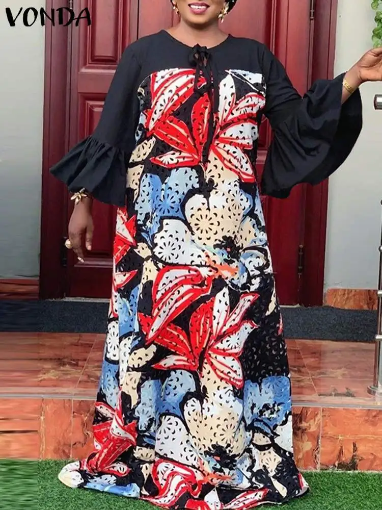 

VONDA Vintage Fashion Women O Neck Floral Printed Dress Femme A-Line Long Maxi Pleated Robe Flare Sleeve Baggy Vestido Oversized