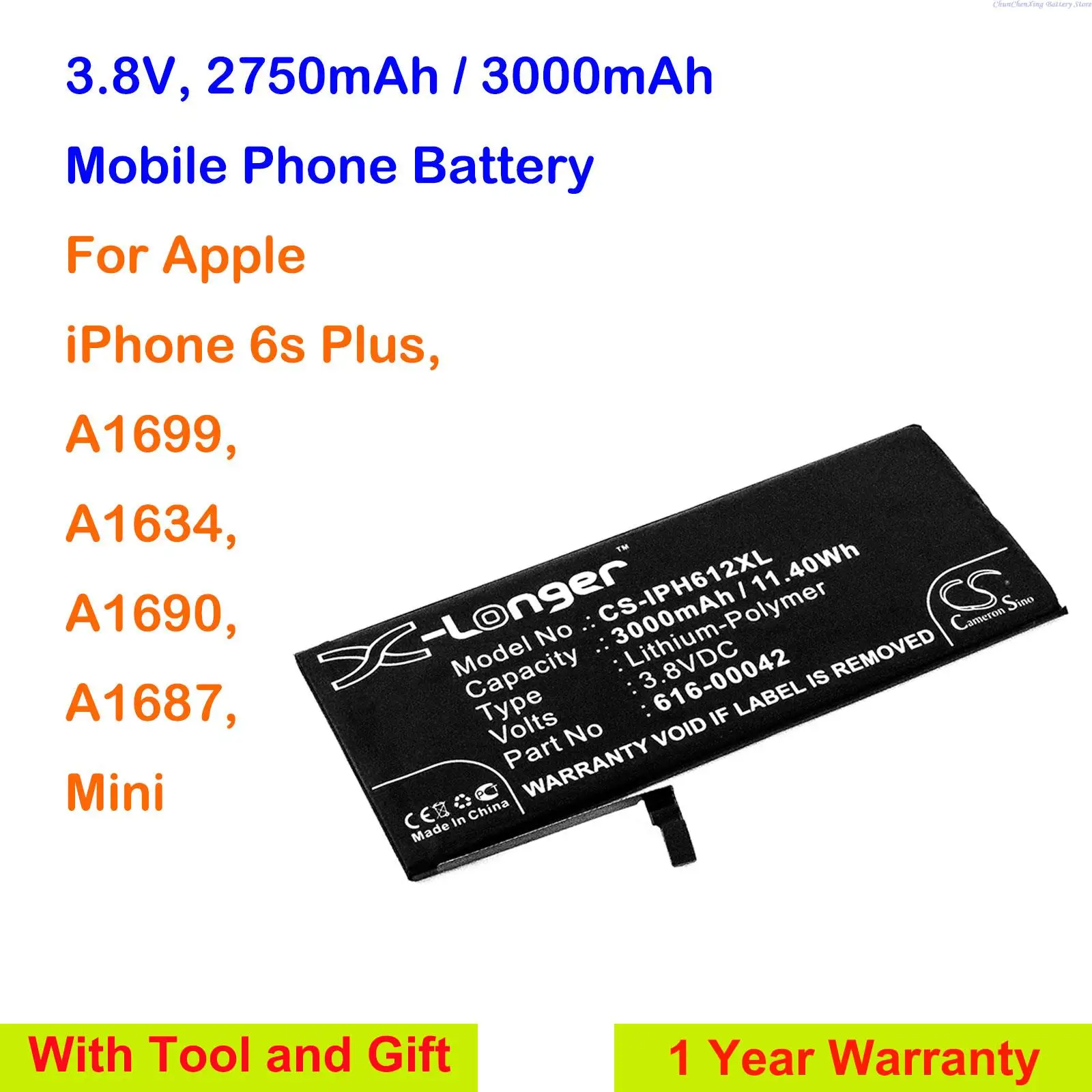 

GreenBattery 2750mAh/3000mAh Mobile Phone Battery 616-00042 for Apple A1634, A1687, A1690, A1699, iPhone 6s Plus