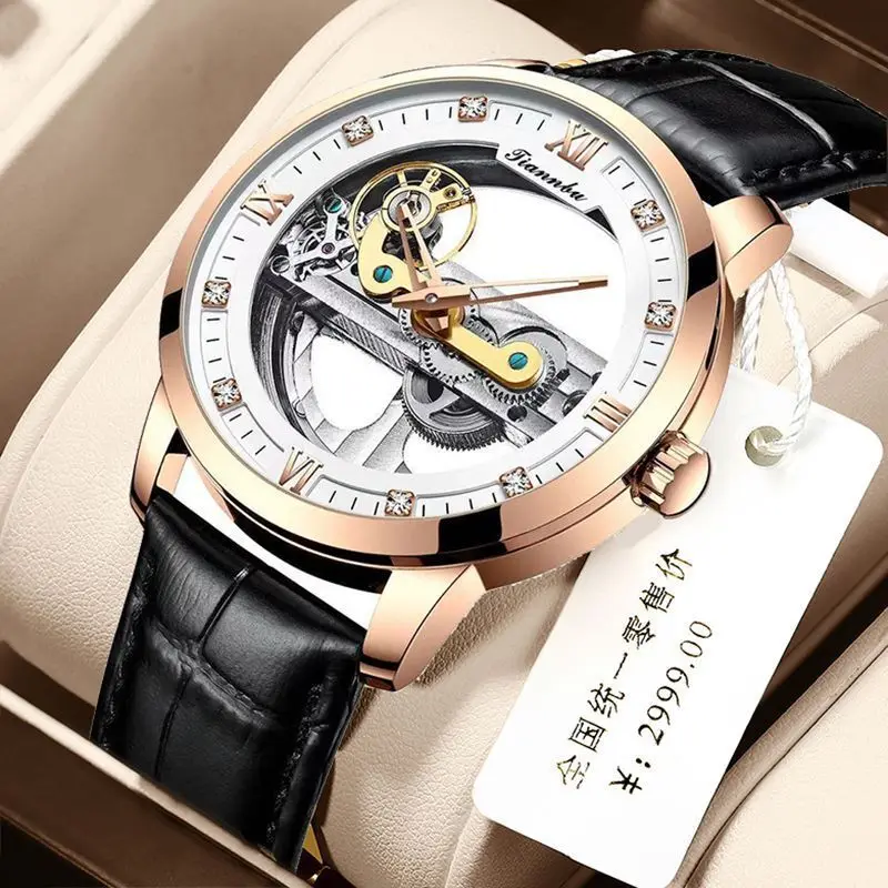 

Модные водонепроницаемые наручные часы с прозрачным циферблатом, инкрустированные Фианитами, римскими цифрами, кожаным ремешком, Мужские автоматические механические часы с турбийоном