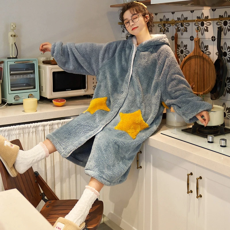 Women Kawaii Robes Winter Warm Coral BathrobeFleece Nightdress Sleepwear Flannel Bathrobe Home Clothes Floral Dressing Hotel