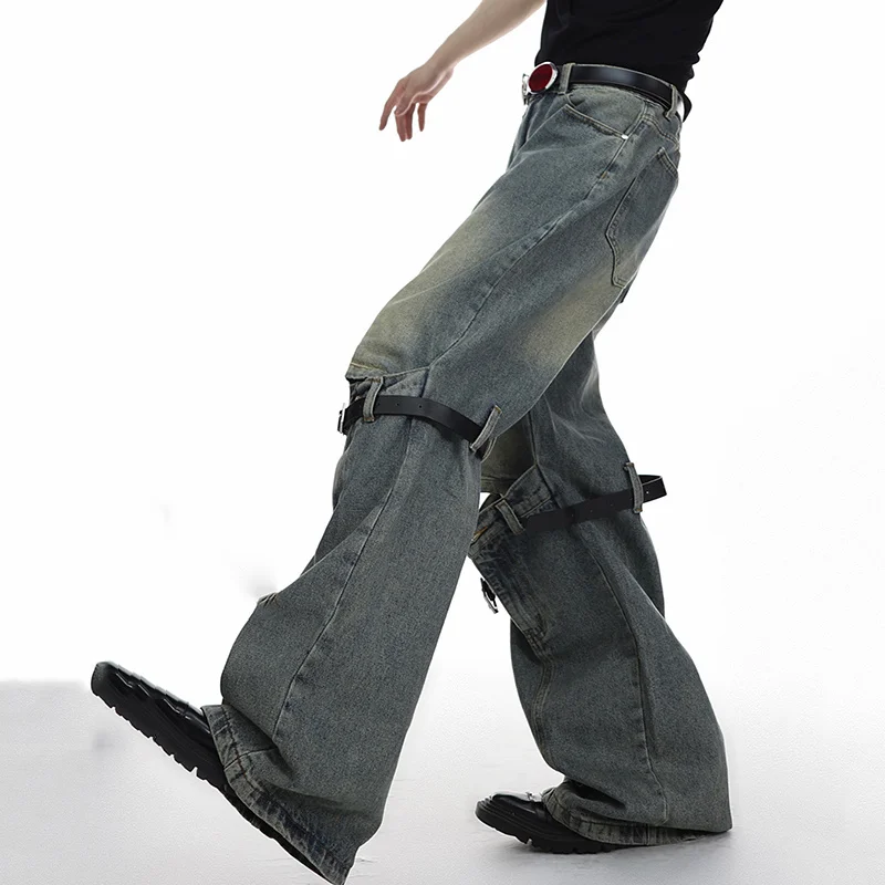 FEWQ Vintage Men Spliced Micro Flared Jeans American Style High Street Wide Leg Straight Denim Pant 2023 New Personality 9A8932n