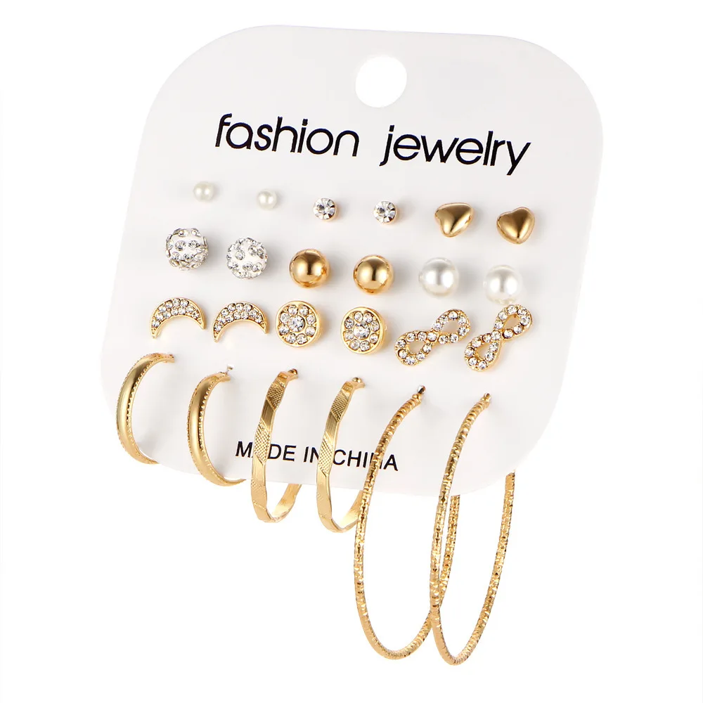 

Vintage Simple Rhinestone Circle Earrings Set Moon Bow Pearl Metal Texture Classic Jewelry