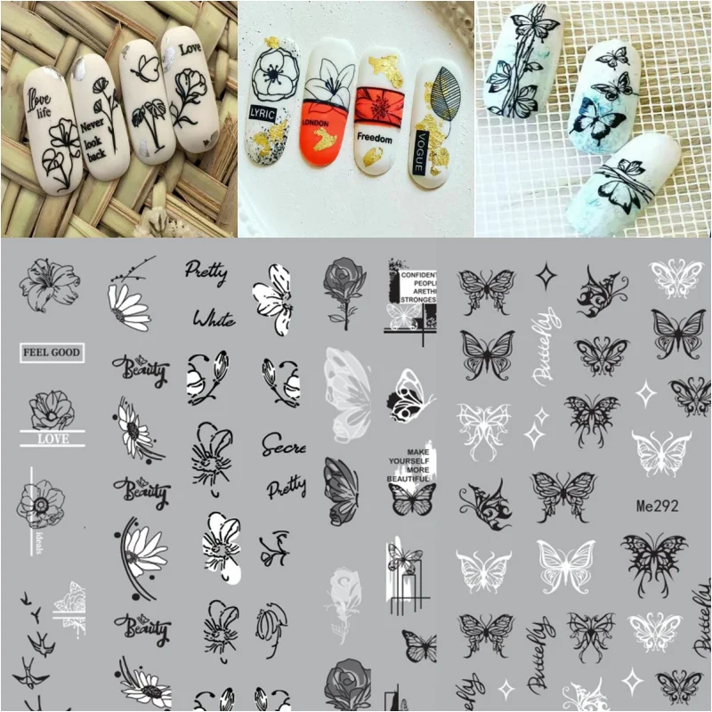 

5pcs Dark Butterfly Stickers Set Press On Nails Ultra Thin Fashion Ink Butterfly Flower Foil Manicure Tips Nails Art Decorations