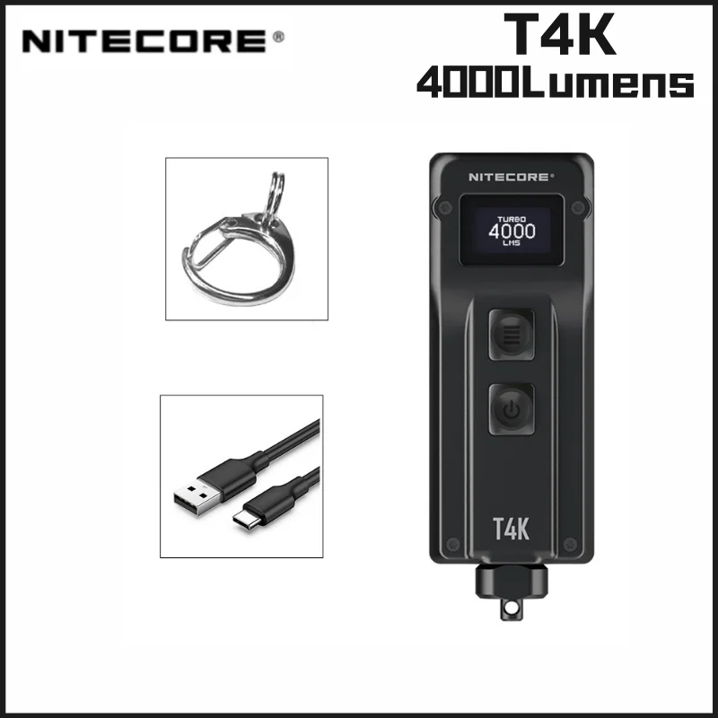 NITECORE-Llavero portátil T4K de 4000 lúmenes, linterna recargable vía USB, utiliza 4 luces xCREE XP-12 V6