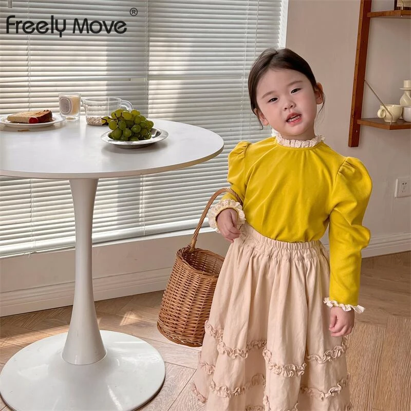 

Freely Move 2022 Autumn Korean Style New Toddlers Kids Long Sleeve T-shirts Lace Baby Girls Rib Tops Pure Color Children Tees