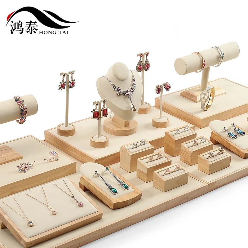 

High grade bamboo wood rice Velvet Necklace Jewelry display props set jade window accessories display rack tray