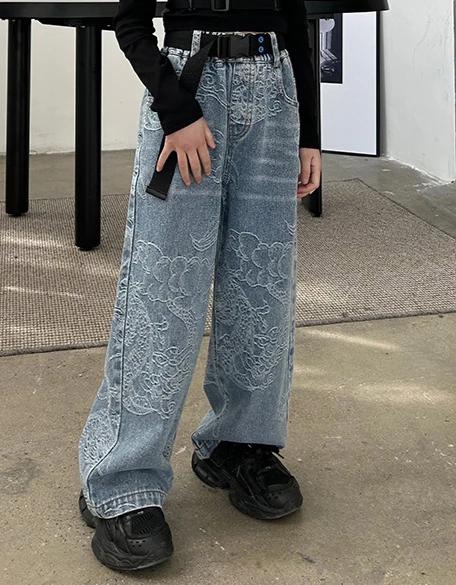 Брюки для девочек весенние и осенние брюки новинка 2024 свободные прямые джинсы с