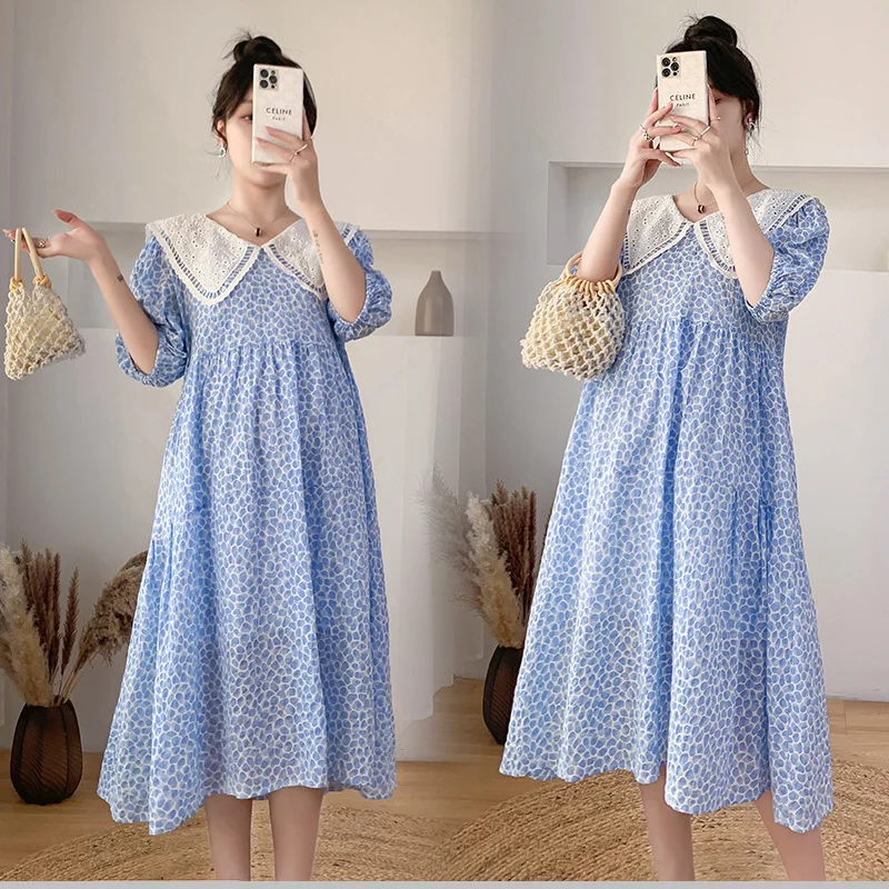 

Платья для беременных женщин Летнее стильное свободное платье для беременных корейское кружевное платье с воротником Питер Пэн Одежда для ...