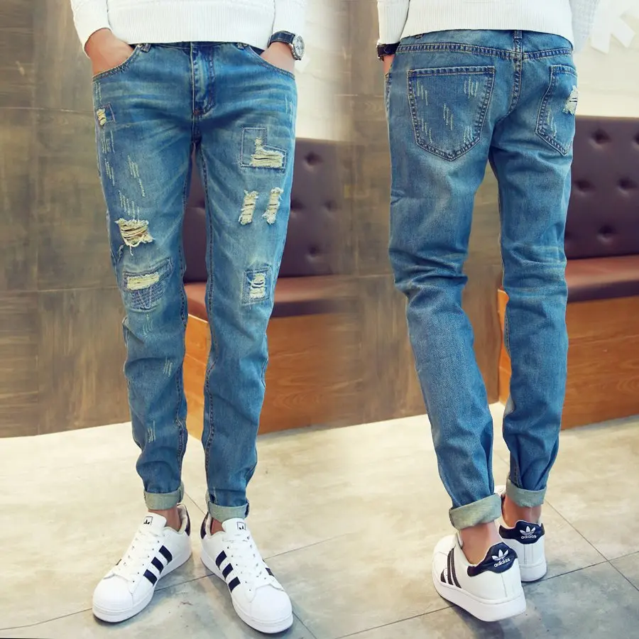 

Wholesale 2022 Fashion Denim Teenagers Street Casual Ripped Hole Patch Jeans Men Straiht Beggar Trousers Youth Harem Pants