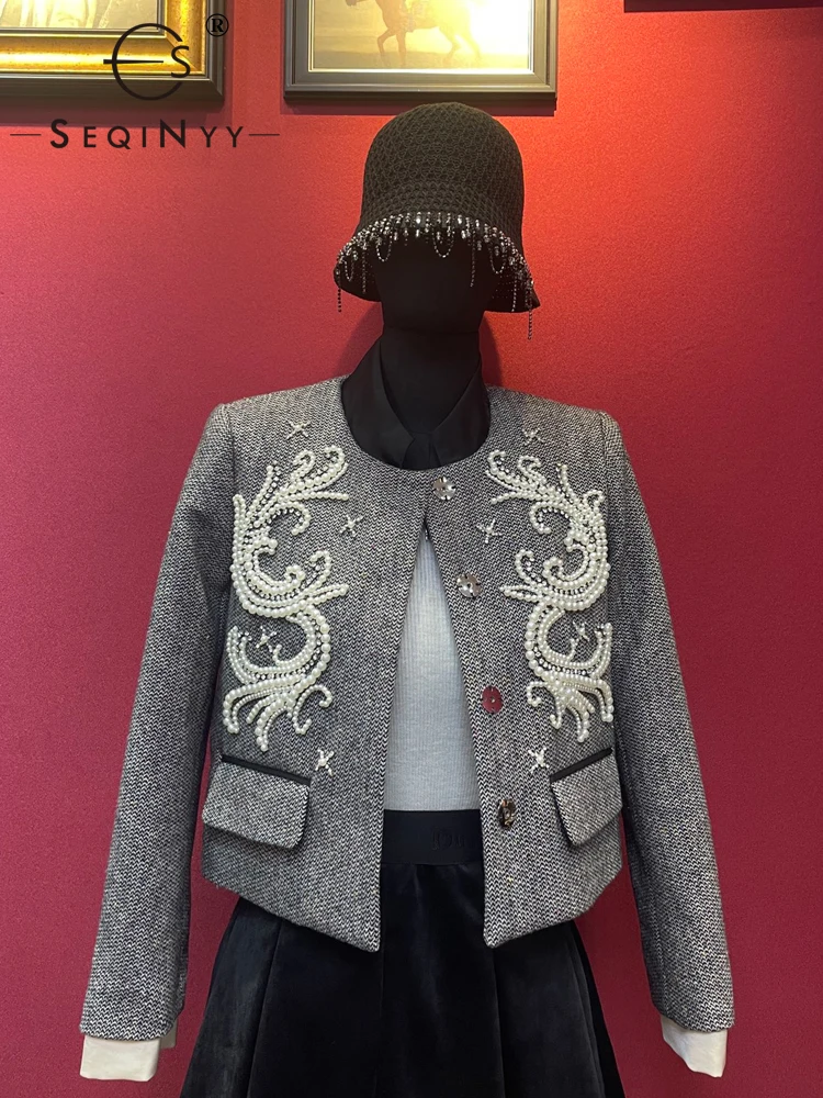 

SEQINYY Green Jacket Spring Autumn New Fashion Design Women Runway High Street Vintage Beading Flower Thick Short Top Elegant