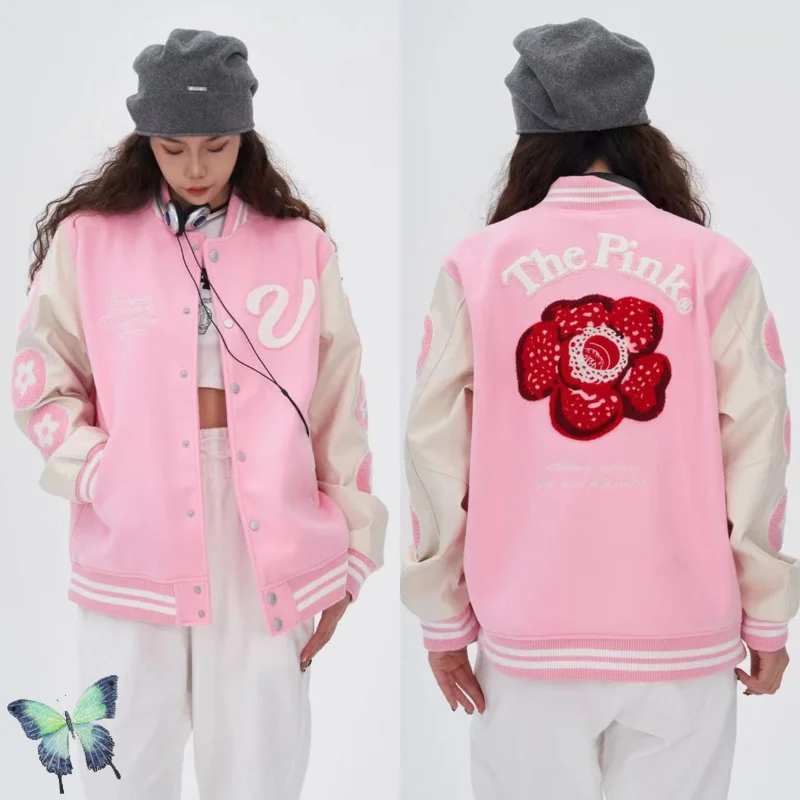 

Vandythepink The Wizard of Oz Stand Collar Embroidered Rose Leather Sleeve Patchwork Baseball Jacket