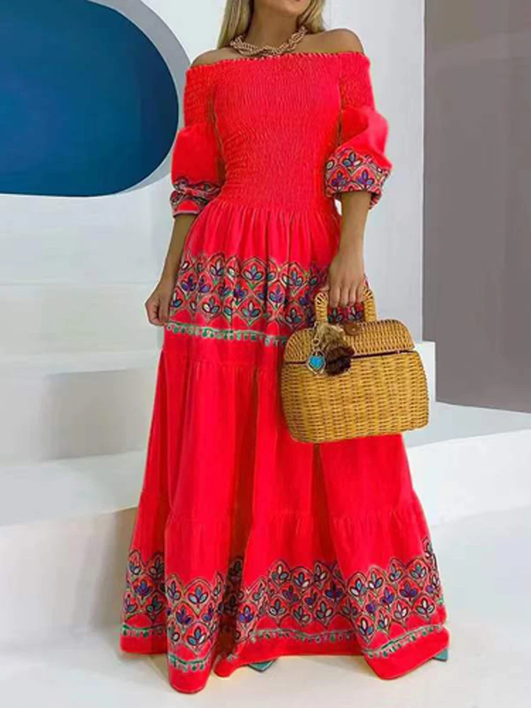 

Summer Lantern Sleeve Party Boho Maxi Dress Women Printed Pleated Loose Beach Dress Elegant Off Shoulder Boho Long A-Line Dress