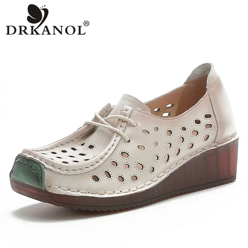 

DRKANOL Fashion Hollow Breathable Summer Shoes Women Handmade Vintage Soft Soled Wedges Heel Casual Shoes Chaussure Femme H196-1