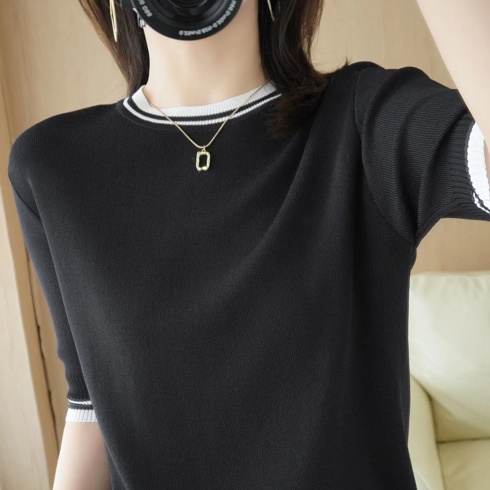 

2022 spring and summer new ice silk short-sleeved T-shirt casual women's round neck slim simple pullover color matching knitted
