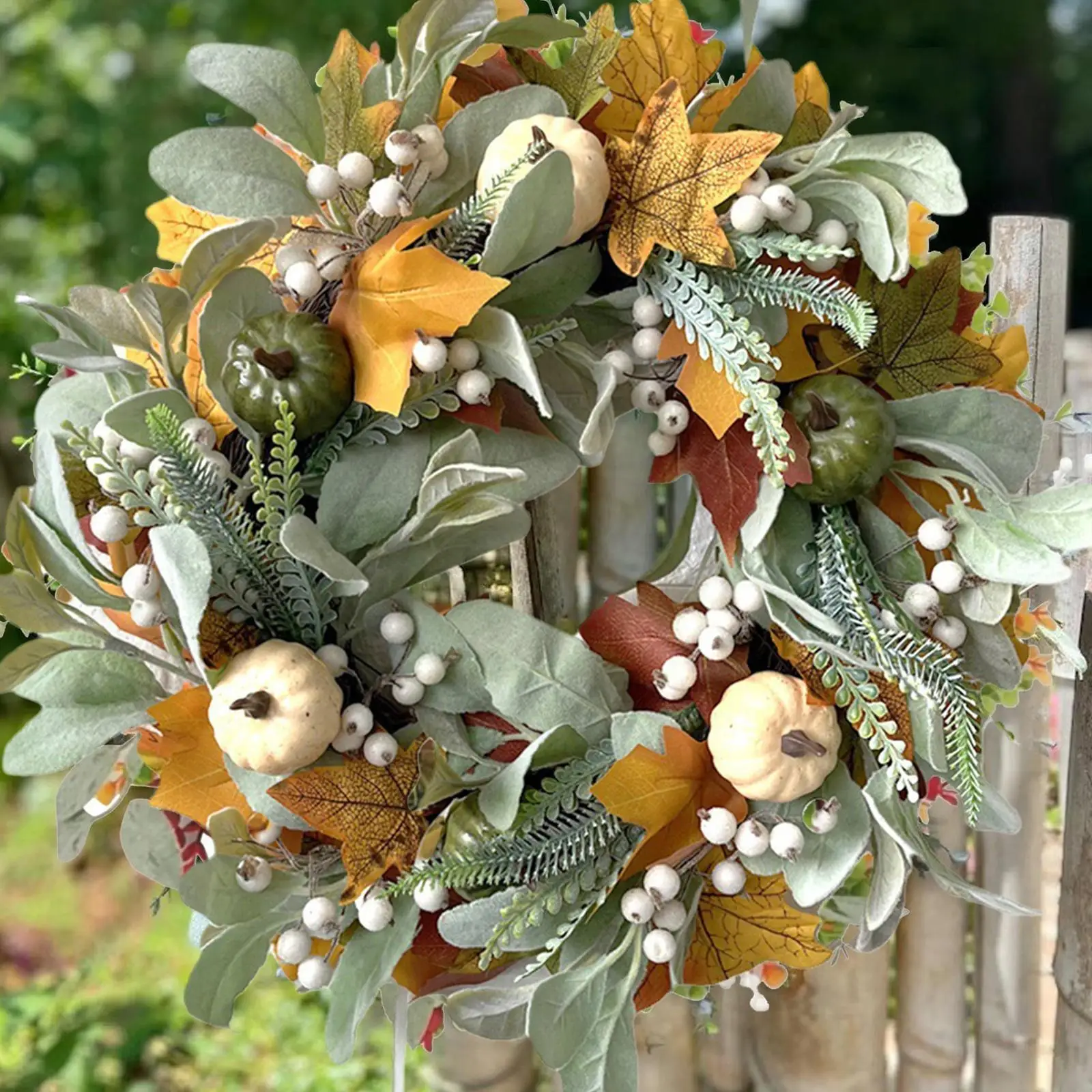 

Autumn White Pumpkin Maple Wreath Retro Front Door Halloween Flower Fall Artificial Thanksgiving Wreath Decoration I2o9