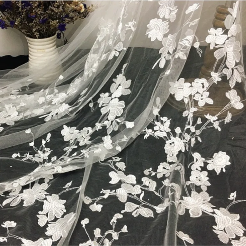 Белая Цветочная вышитая Свадебная кружевная ткань свадебная Тюлевая сетчатая