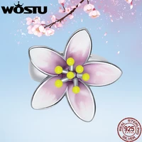 wostu real 925 sterling silver pink flower charms romantic lovely cherry blossom spacer beads fit original bracelet diy necklace
