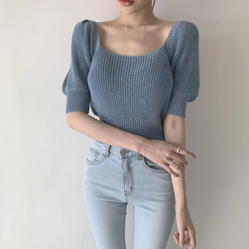 

Blue Knitted Sweater Backless Lace Up Women Korean Chic Sexy Square Neck Jumper Tops Slim Short Puff Sleeve Pullovers Green N046