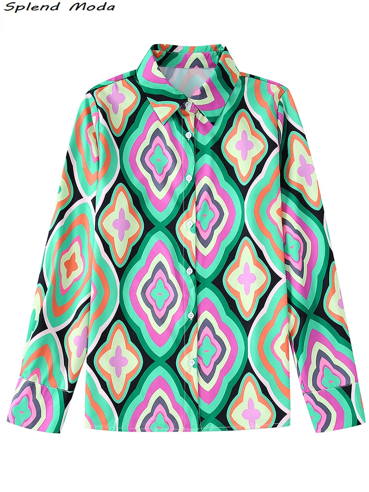 

Splend Moda 2022 ZA Women Fashion Summer Young Style Vintage Print Single Breasted Blouses Streetwear Long Sleeve Shirts
