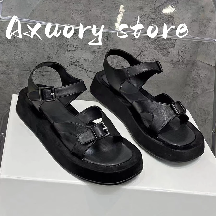 2023 Summer Woman Genuine Leather Flat Platform Sandals Thick Bottom Sandals Women Casual Holiday Beach Shoes