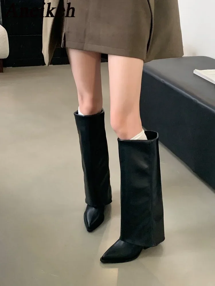 Aneikeh 2024 модные ранние рыцарские ботинки американский стиль остроносые высокие